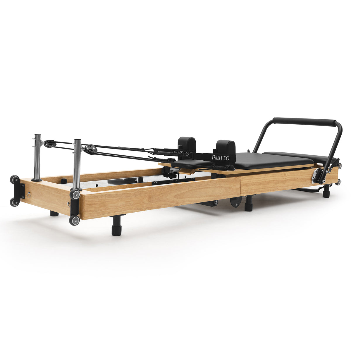 Foldable Pilates Reformer Flexi, light wood, black upholstery – 3/4 view