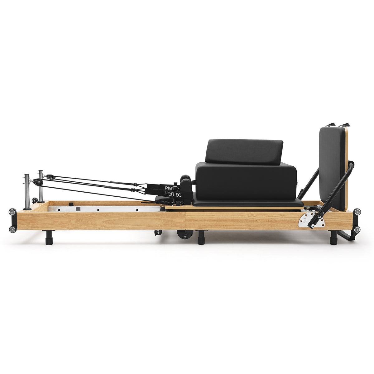 Foldable Pilates Reformer Flexi, light wood, black upholstery – side view with sitting box
