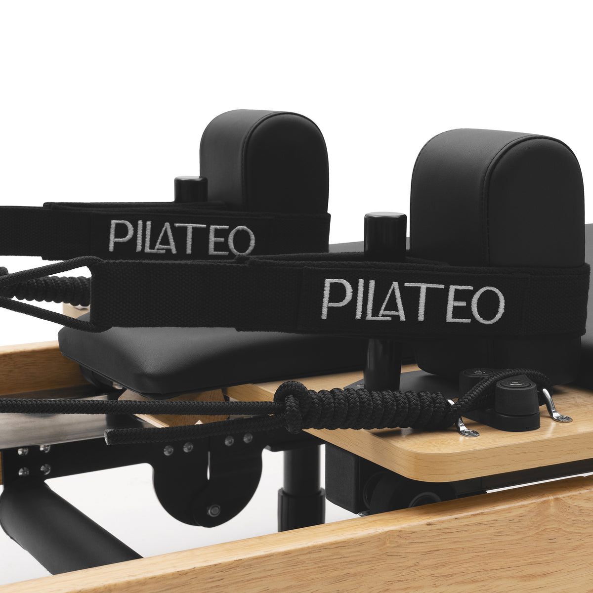Foldable Pilates Reformer Flexi, light wood, black upholstery – shoulder rests and straps