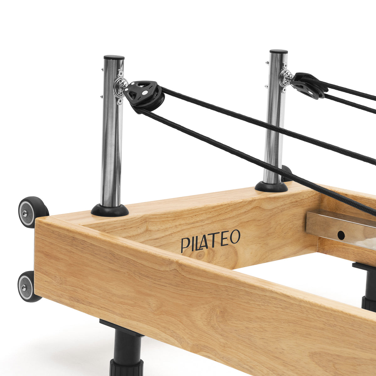 Foldable Pilates Reformer Flexi, light wood, black upholstery – pulley posts