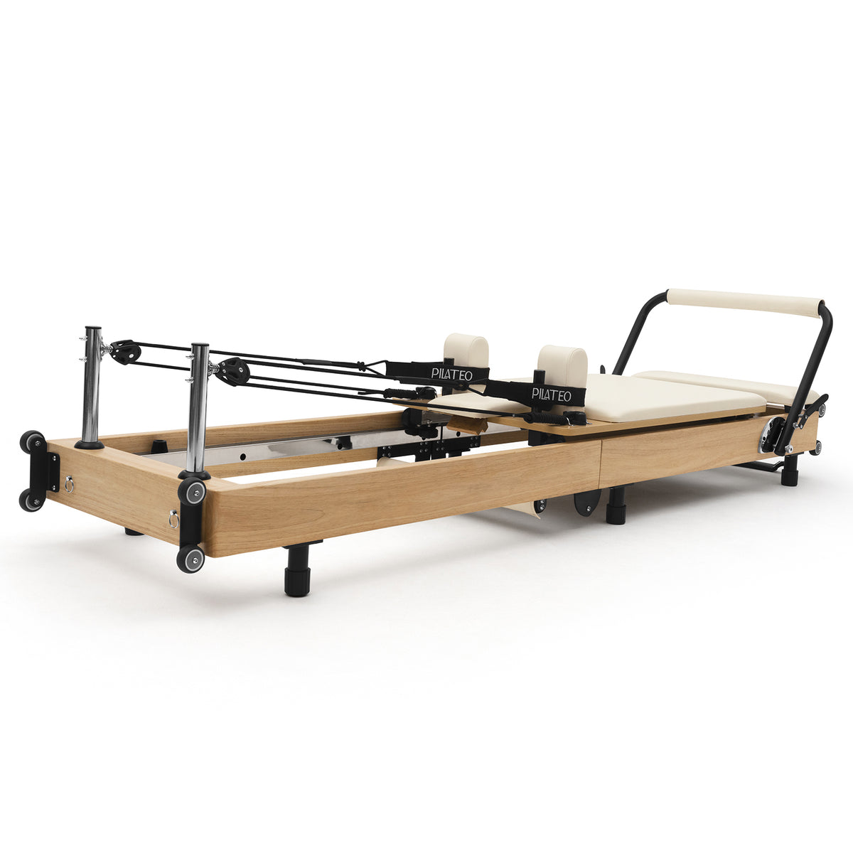 Foldable Pilates Reformer Flexi, light wood, milky white upholstery – 3/4 view