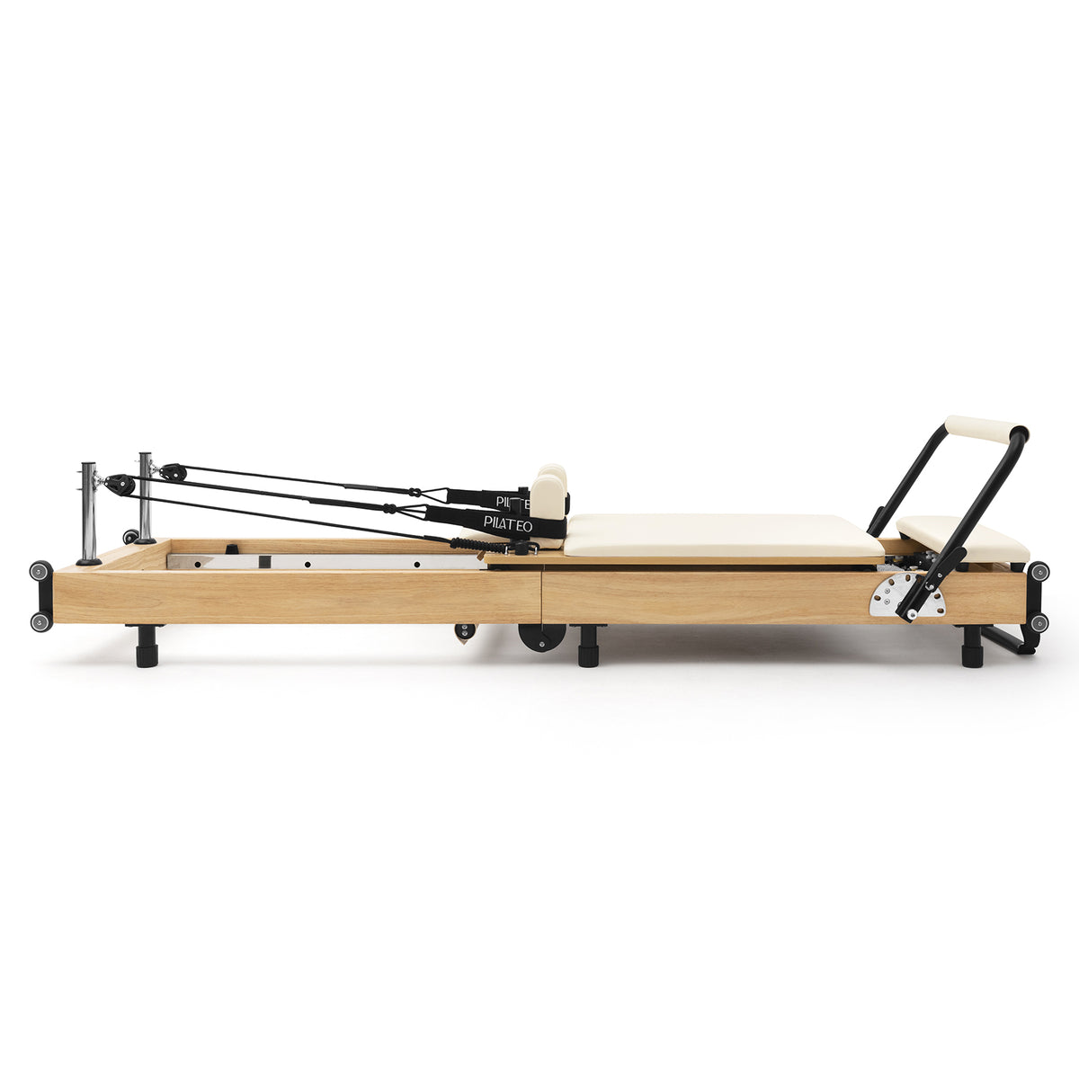 Foldable Pilates Reformer Flexi, light wood, milky white upholstery – side view
