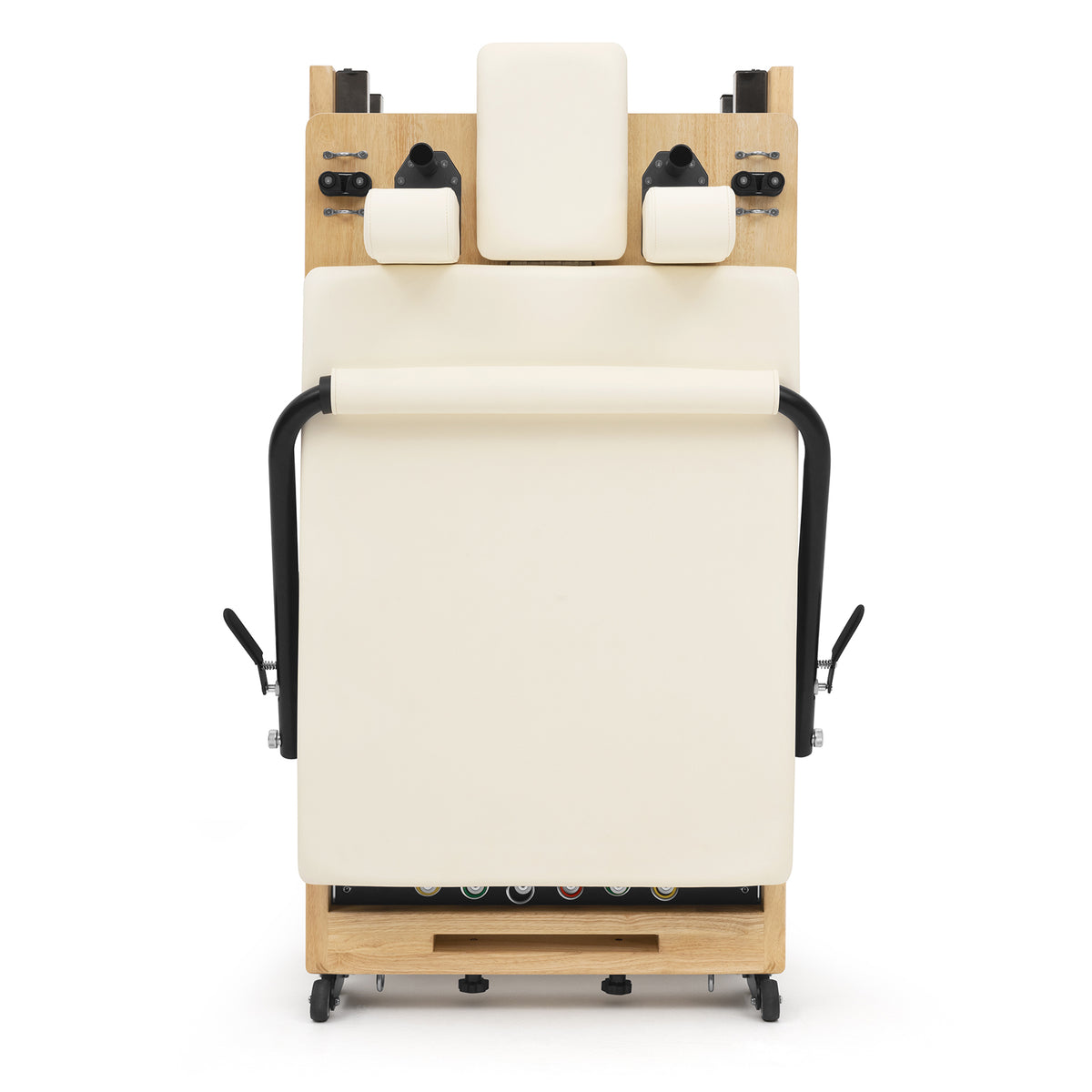 Foldable Pilates Reformer Flexi, light wood, milky white upholstery – folded and stored upright