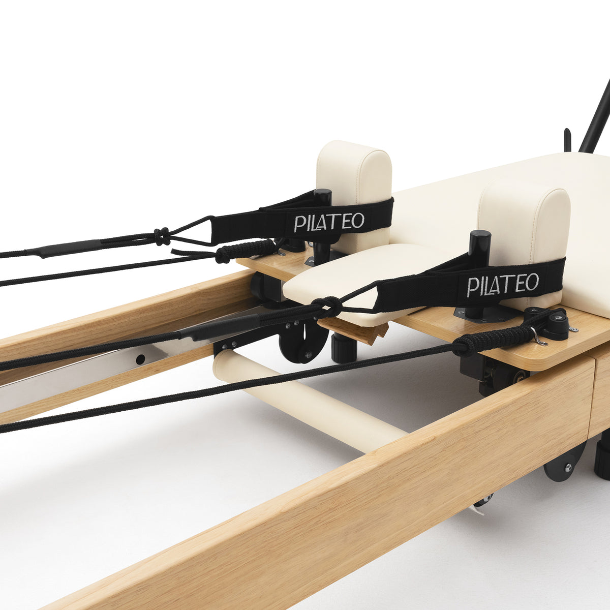 Foldable Pilates Reformer Flexi, light wood, milky white upholstery – carriage with shoulder rests