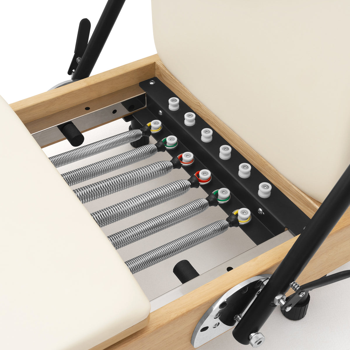 Foldable Pilates Reformer Flexi, light wood, milky white upholstery – springs