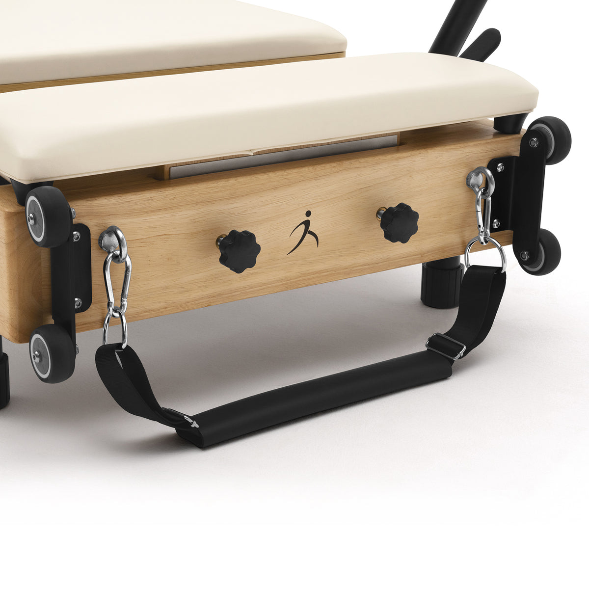 Foldable Pilates Reformer Flexi, light wood, milky white upholstery – handles and wheels