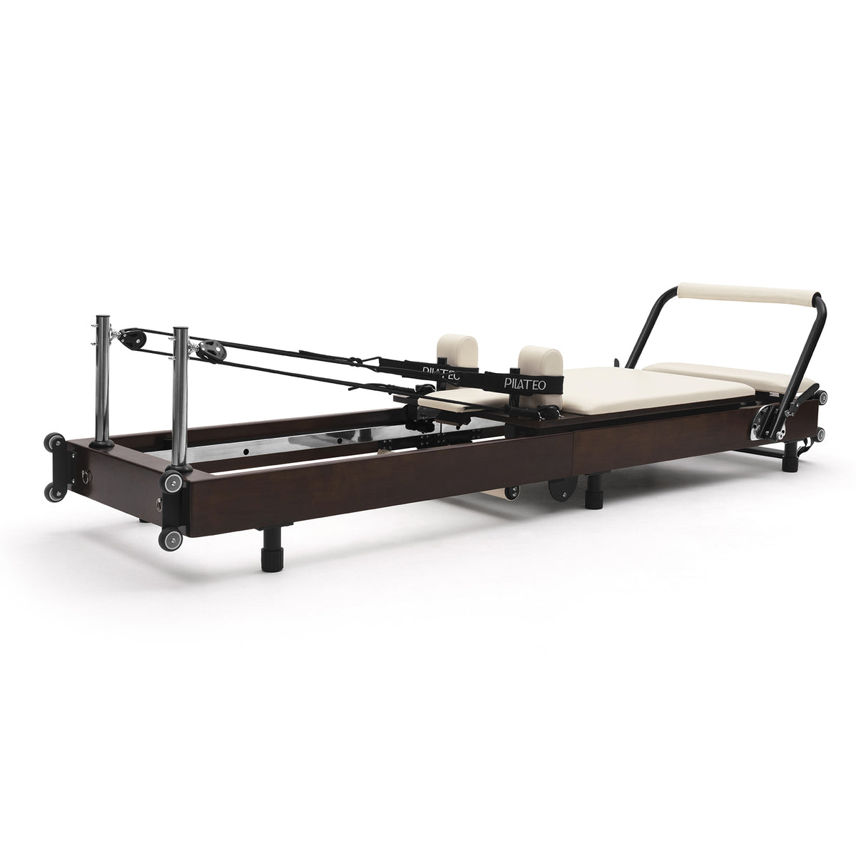 Foldable Pilates Reformer Flexi, dark wood, milky white upholstery – 3/4 view