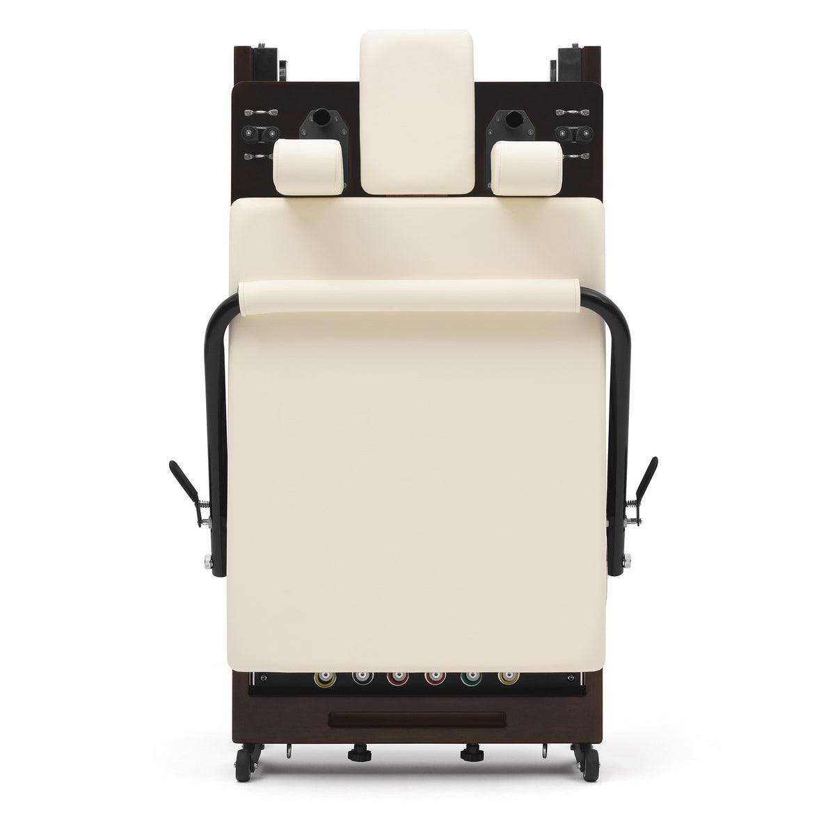 Foldable Pilates Reformer Flexi, dark wood, milky white upholstery – folded and stored upright