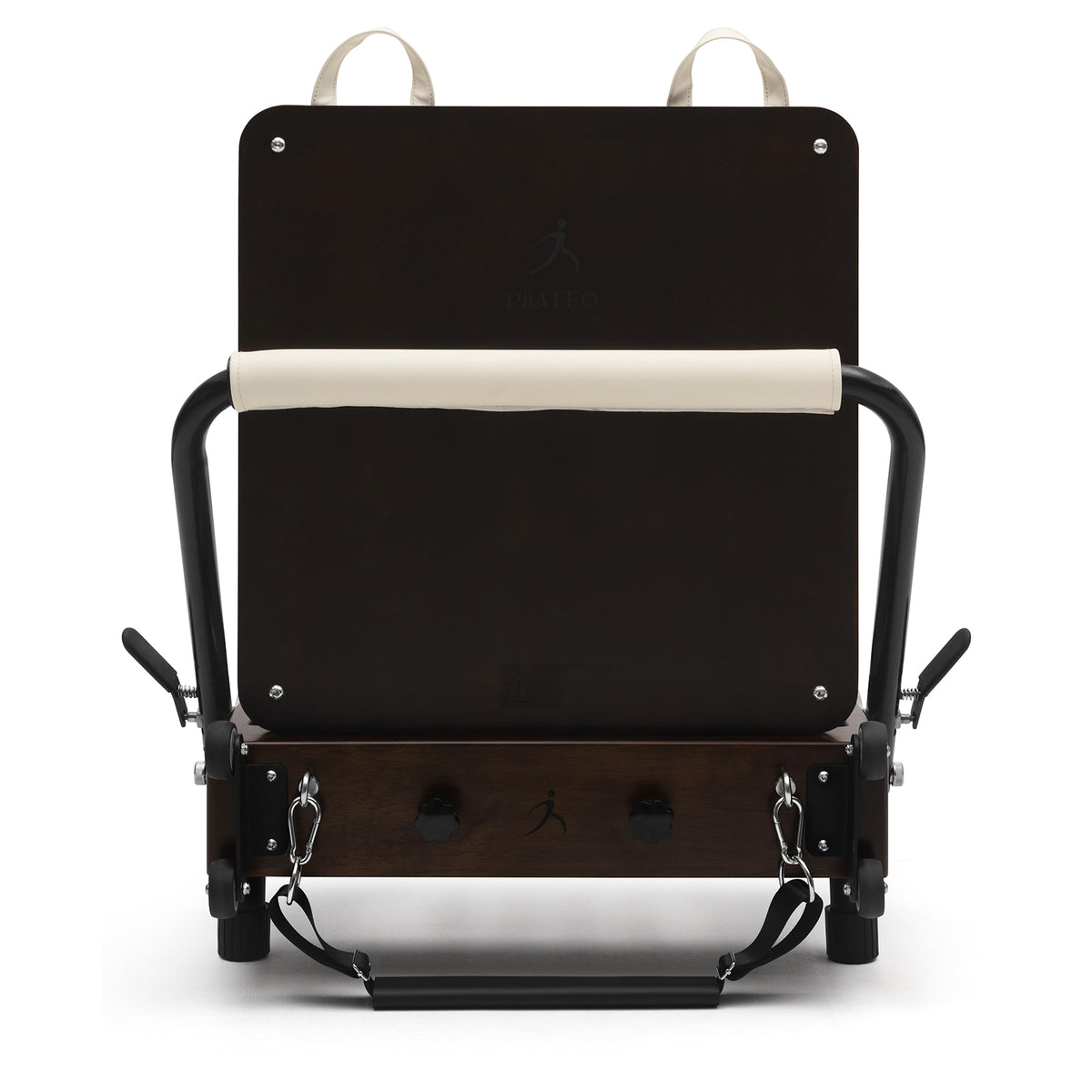 Foldable Pilates Reformer Flexi, dark wood, milky white upholstery – jumpboard, rear view