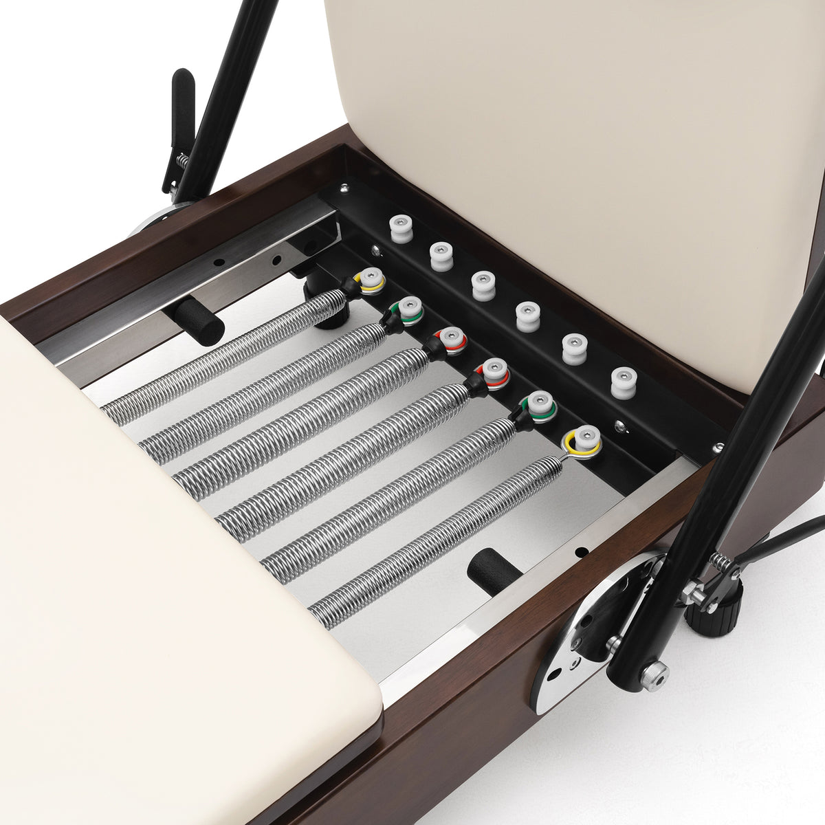 Foldable Pilates Reformer Flexi, dark wood, milky white upholstery – springs and footbar