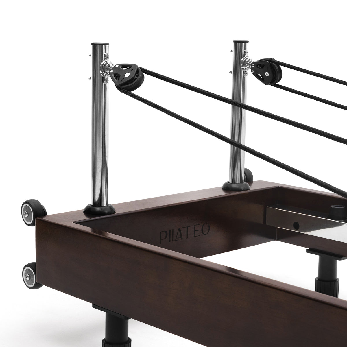 Foldable Pilates Reformer Flexi, dark wood, milky white upholstery – pulley posts