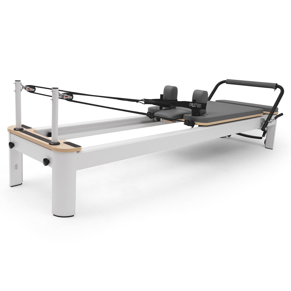 Pilates reformer aluminum gray blue, pulley end view