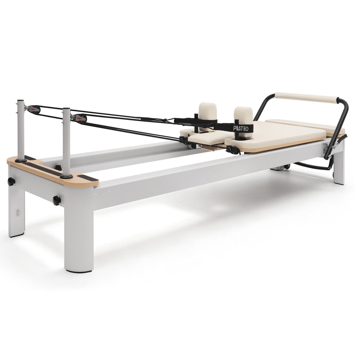 Pilates reformer aluminum milky white, pulley end view