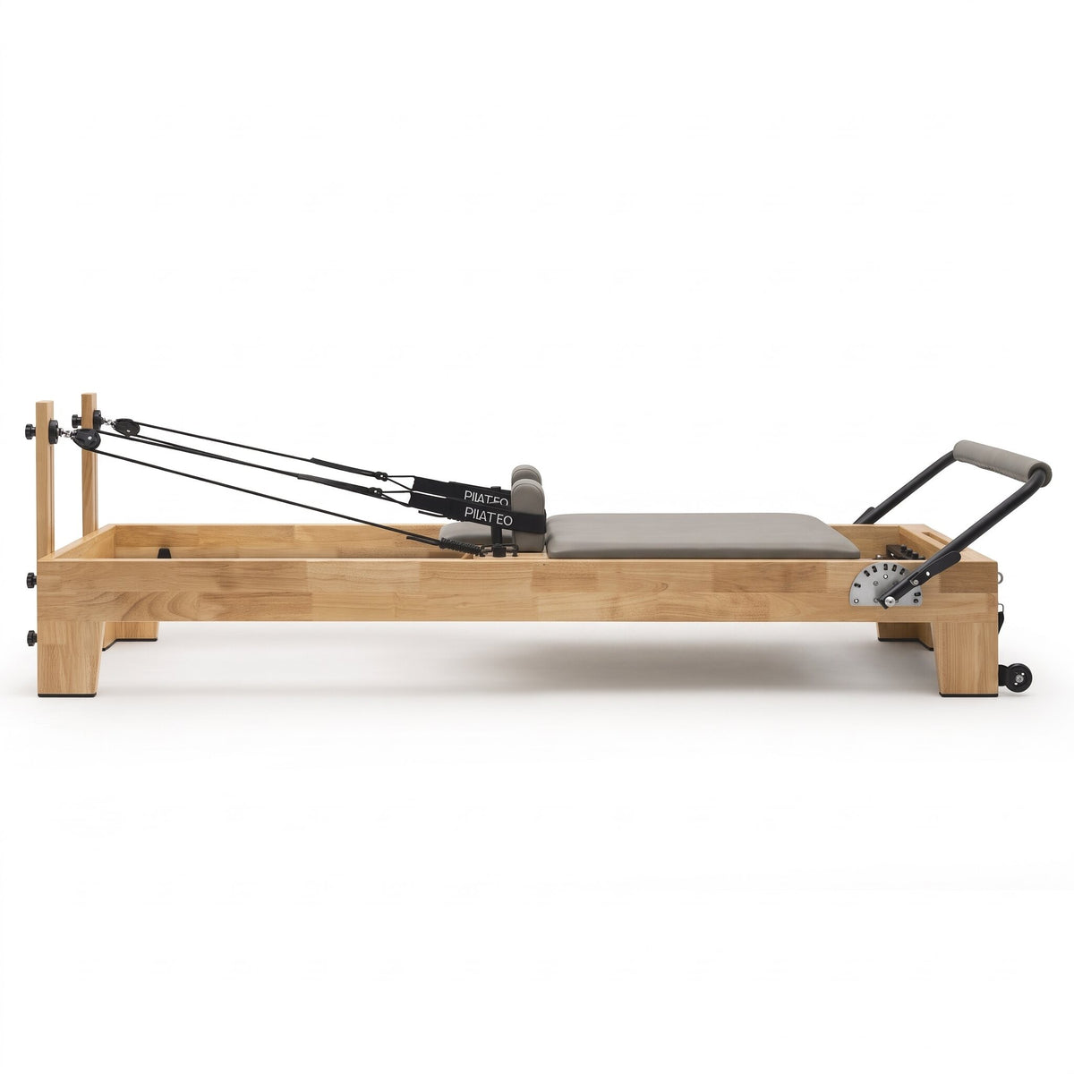 Pilates Reformer Classic Studio, stone grey upholstery – side view
