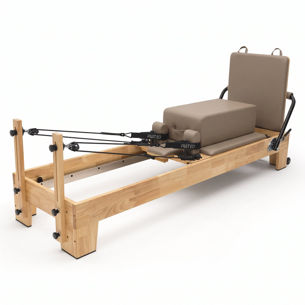 Pilates Reformer Classic Studio, taupe upholstery – with sitting box and jumpboard