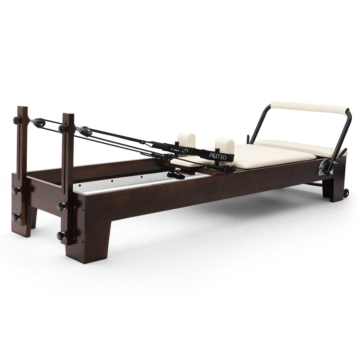 Pilates Reformer Studio Prestige, walnut wood frame and beige upholstery – 3/4 view