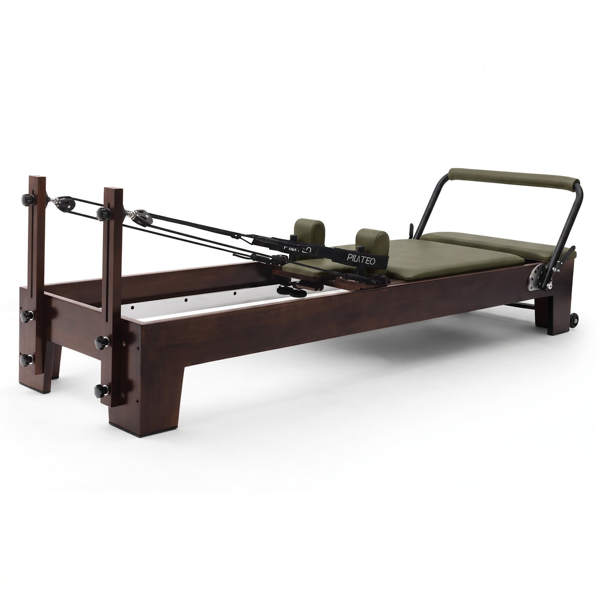 Pilates Reformer Studio Prestige, olive upholstery – 3/4 view