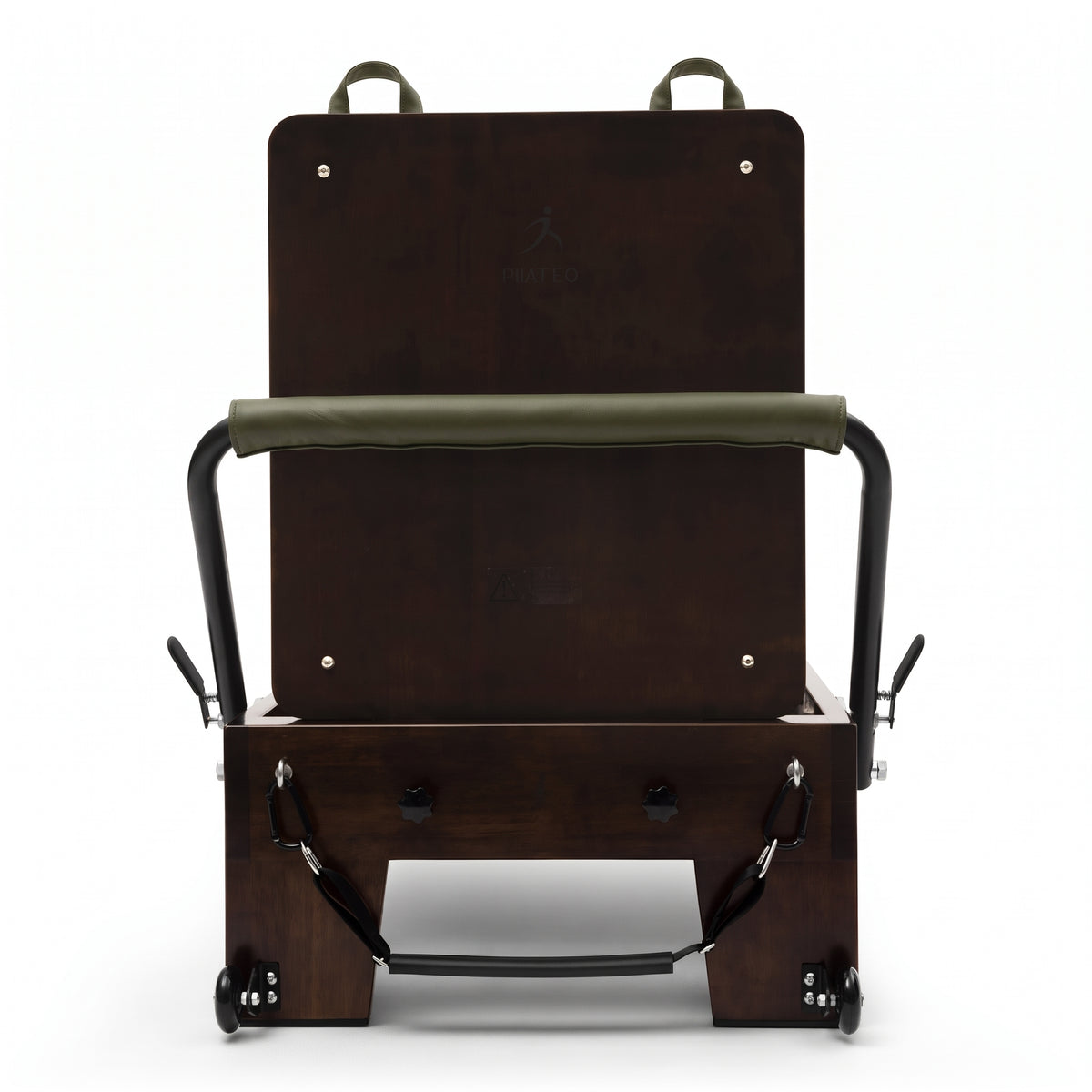 Pilates Reformer Studio Prestige, olive upholstery – front view with jumpboard