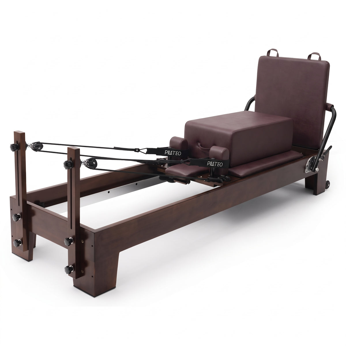 Pilates Reformer Studio Prestige, wine upholstery – with sitting box and jumpboard