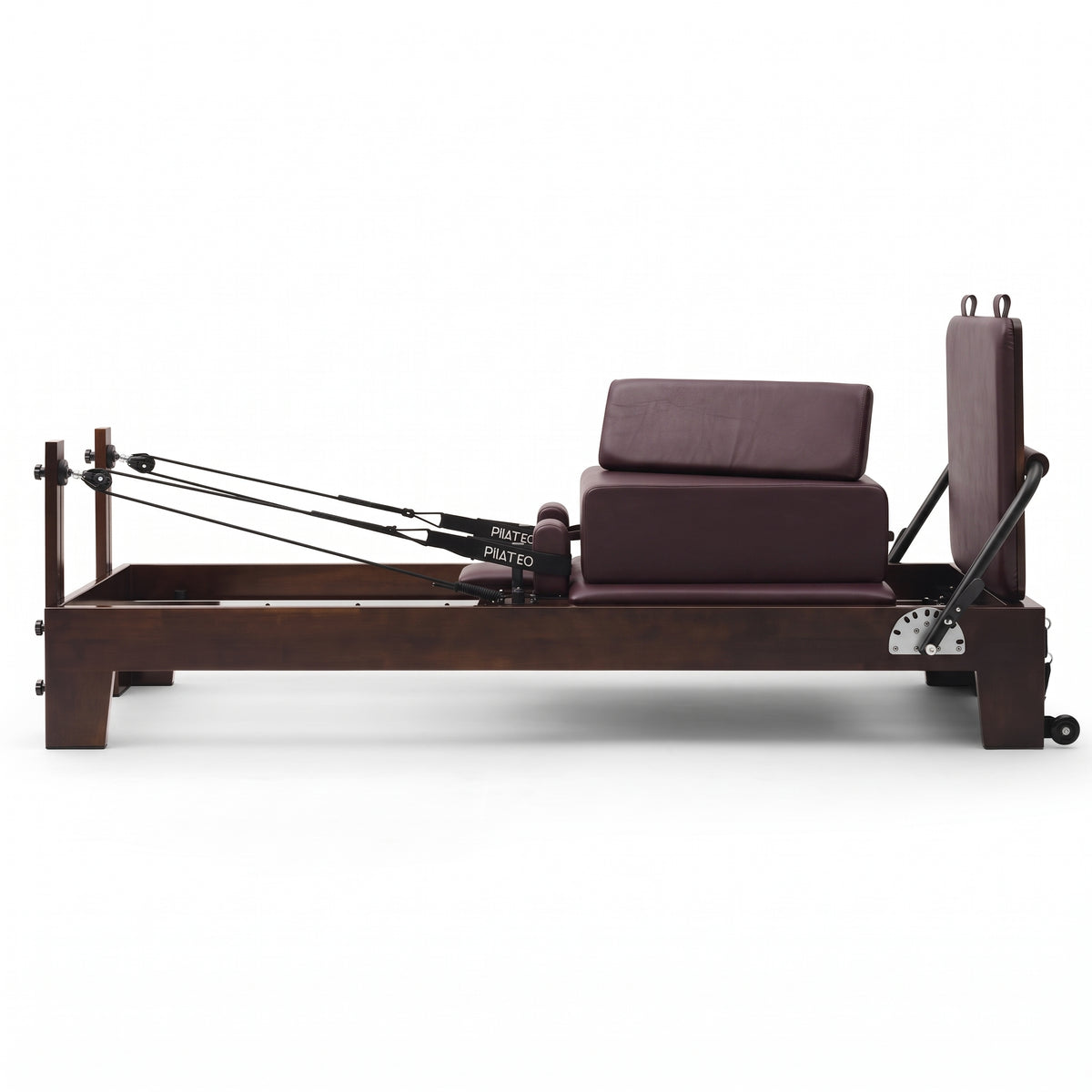 Pilates Reformer Studio Prestige, wine upholstery – side view with sitting box