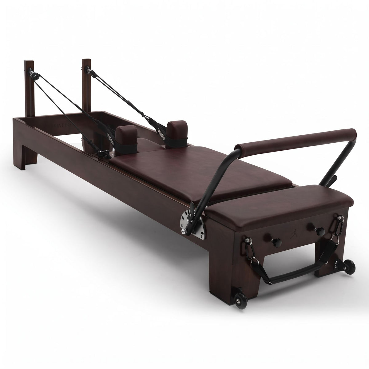 Pilates reformer Prestige wine, 3/4 view from the footbar end