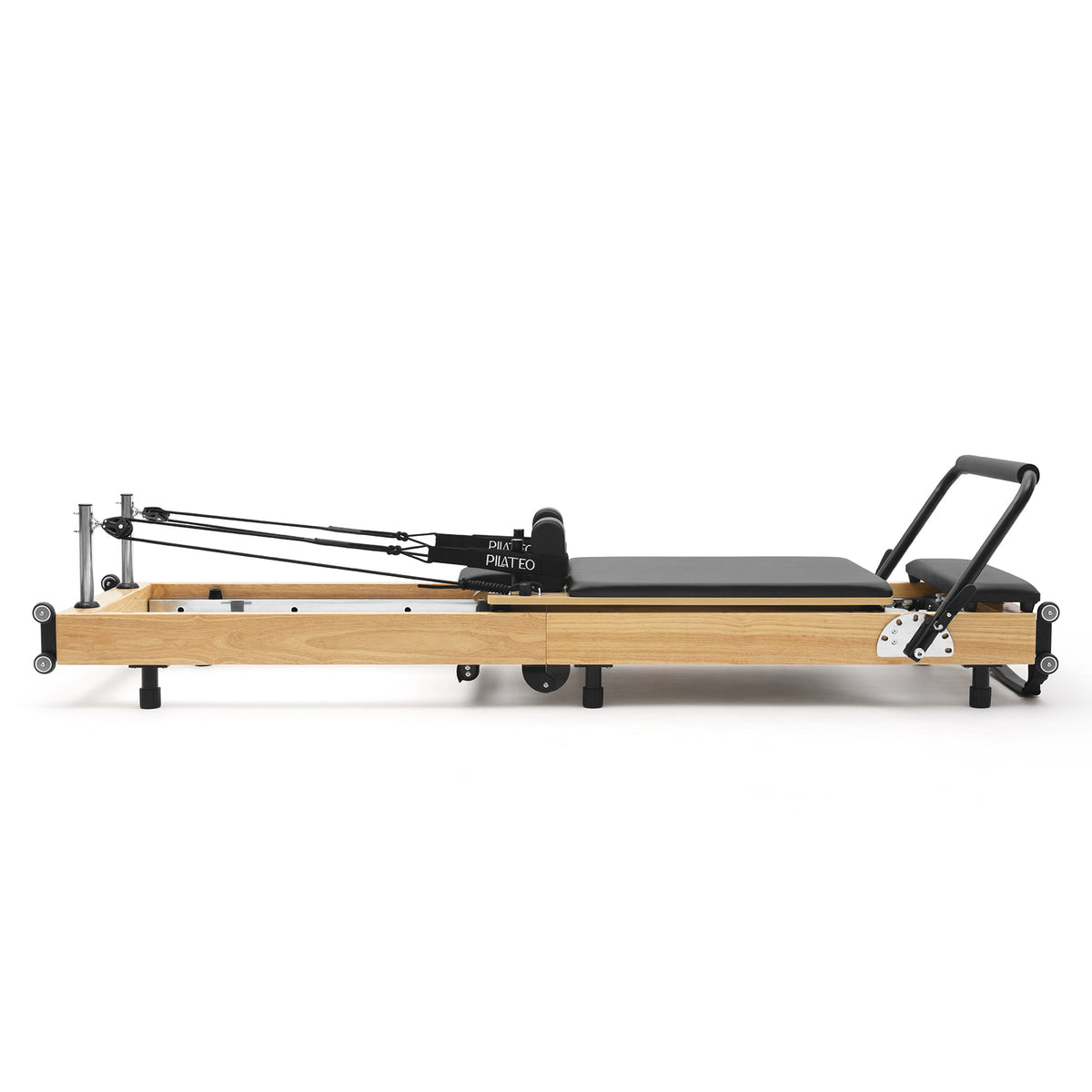 Foldable Pilates Reformer Flexi, light wood, black upholstery – side view