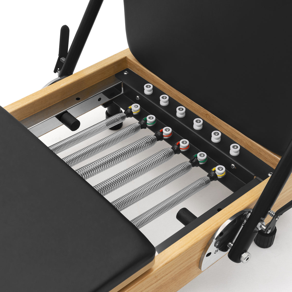 Foldable Pilates Reformer Flexi, light wood, black upholstery – springs