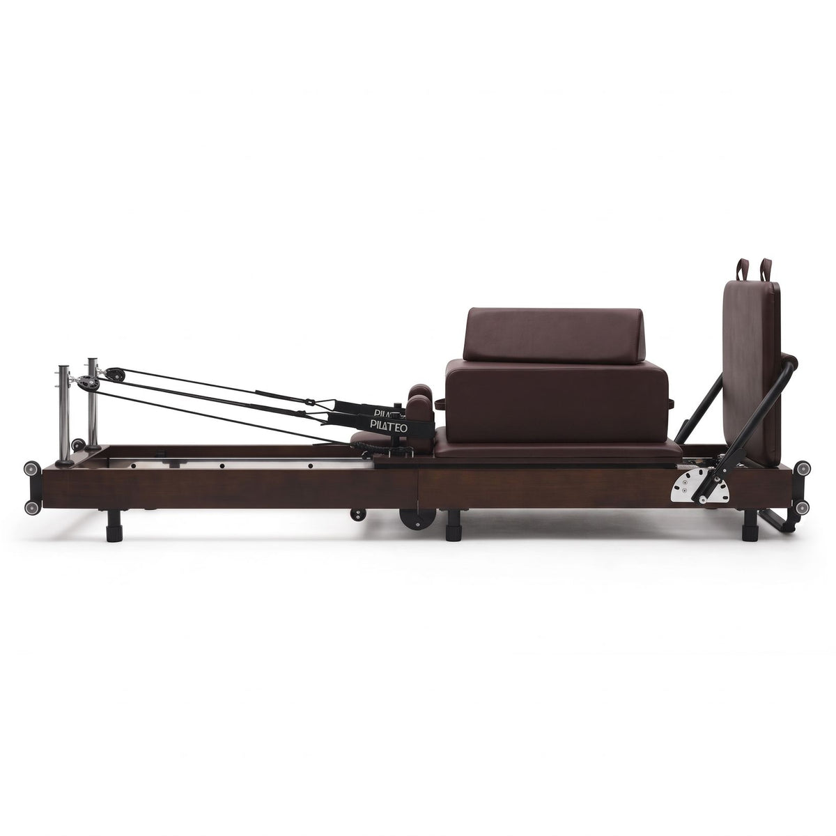 Foldable Pilates reformer Flexi espresso wine, side view with sitting box
