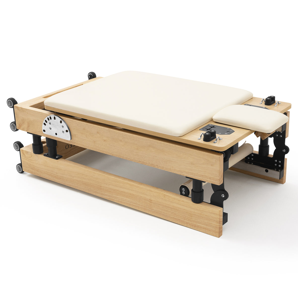 Foldable Pilates Reformer Flexi, light wood, milky white upholstery – folded