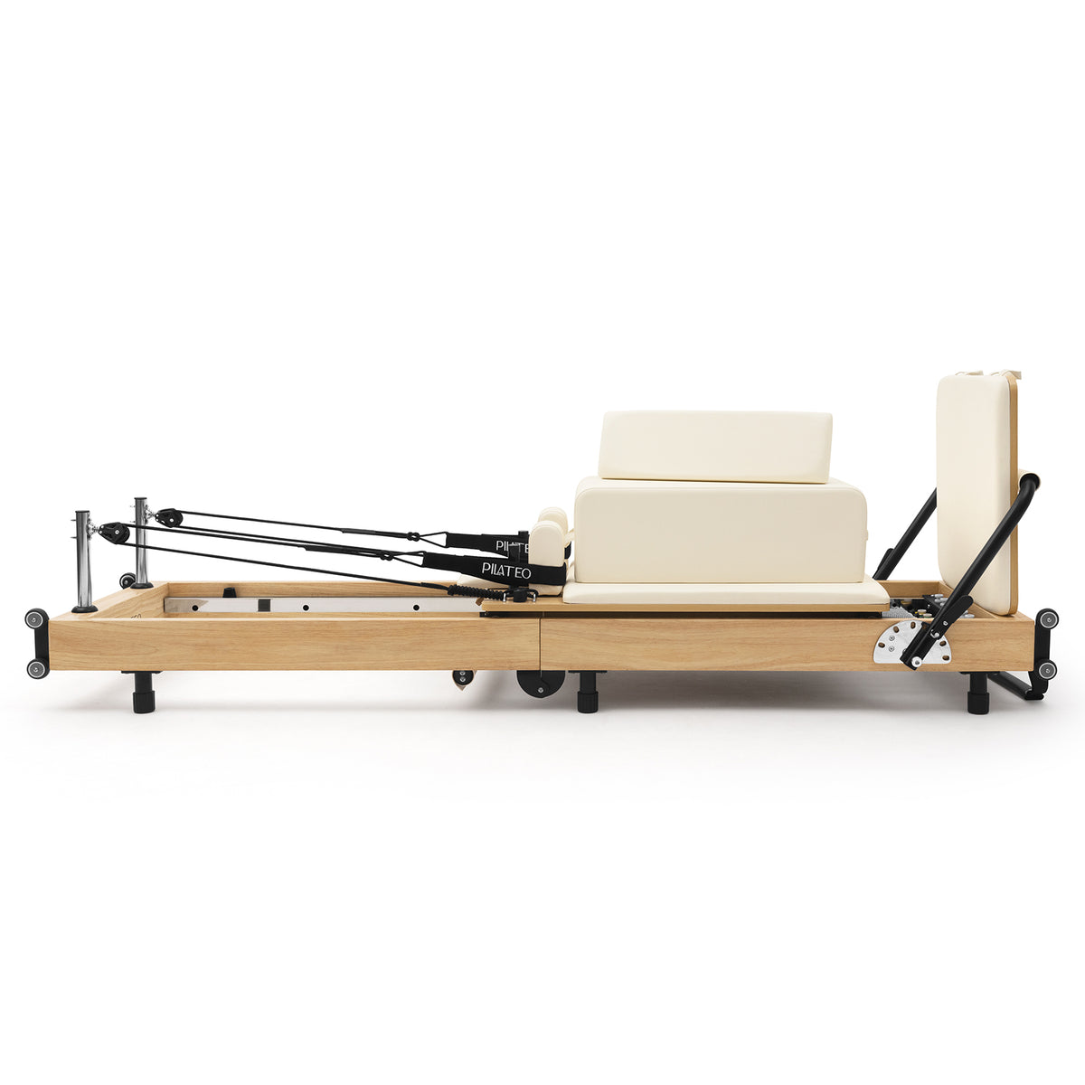 Foldable Pilates Reformer Flexi, light wood, milky white upholstery – side view with sitting box