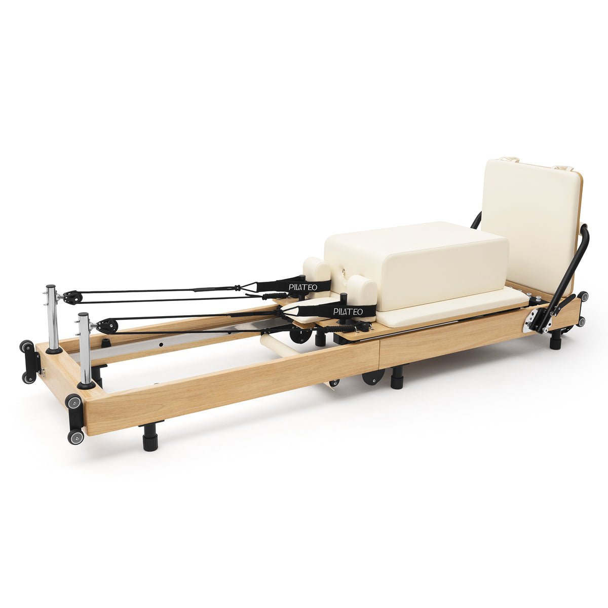 Foldable Pilates Reformer Flexi, light wood, milky white upholstery – 3/4 view with sitting box