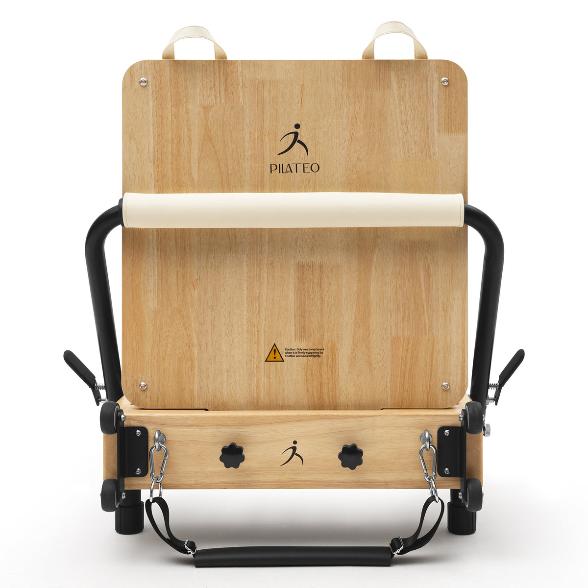 Foldable Pilates Reformer Flexi, light wood, milky white upholstery – jumpboard, rear view