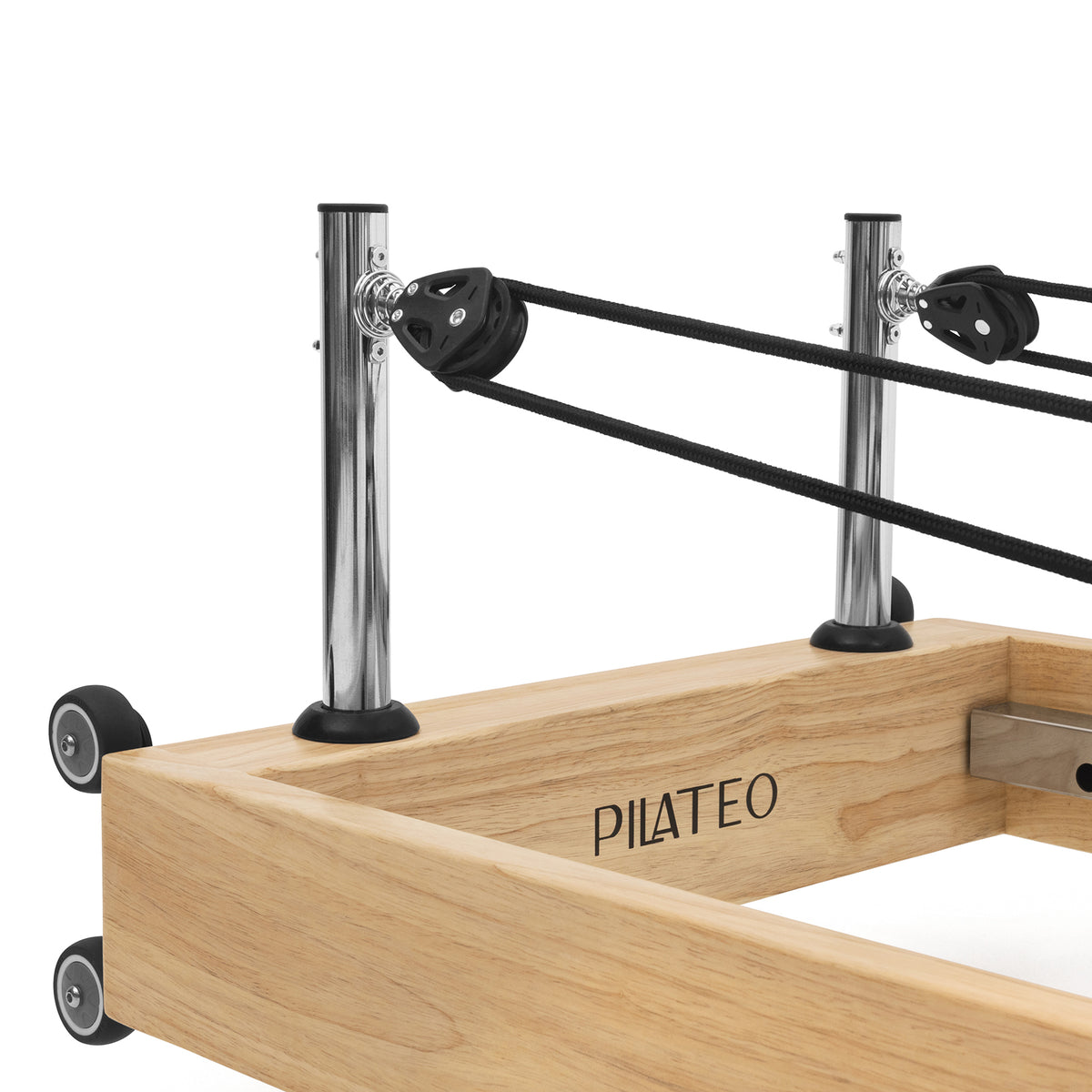 Foldable Pilates Reformer Flexi, light wood, milky white upholstery – pulley posts