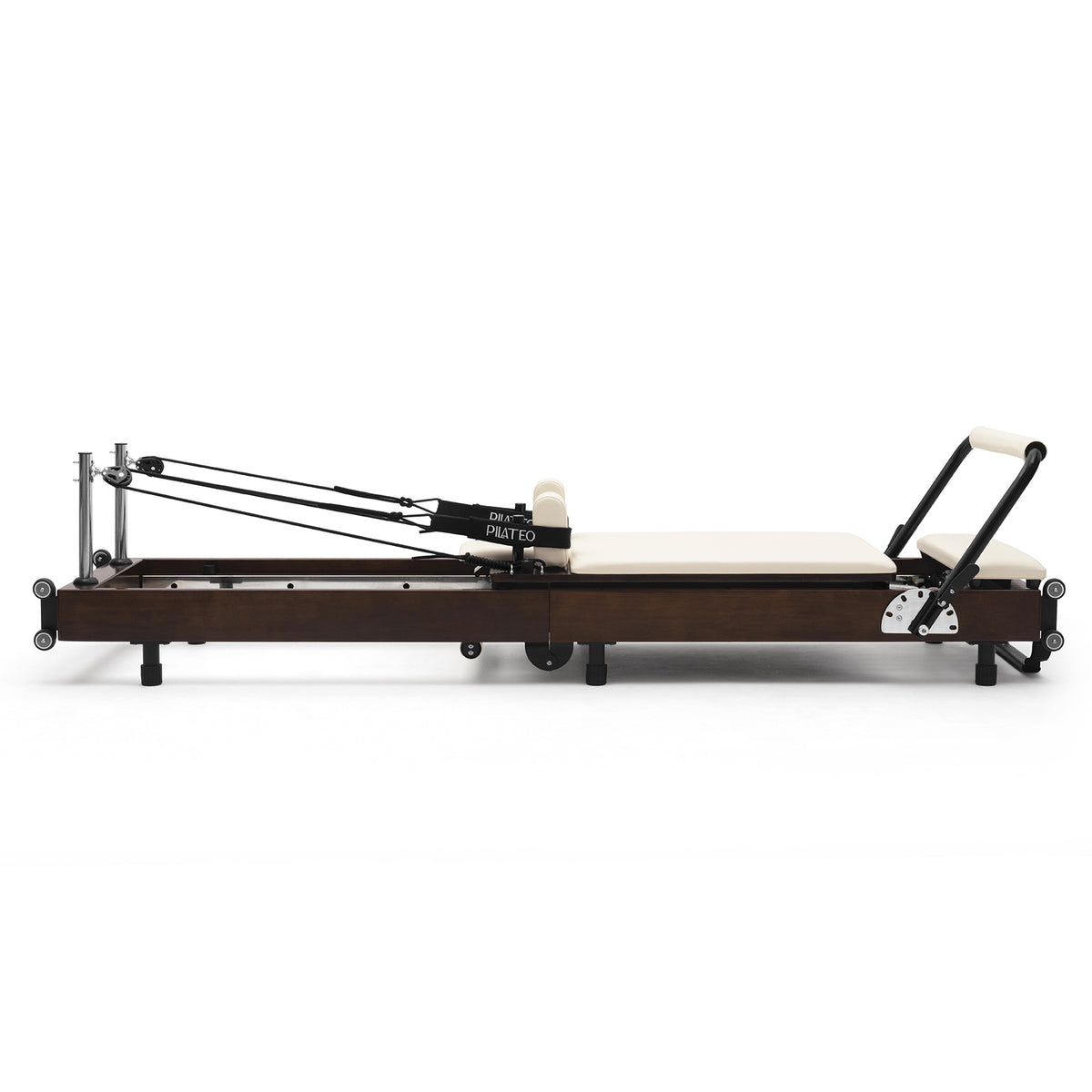 Foldable Pilates Reformer Flexi, dark wood, milky white upholstery – side view