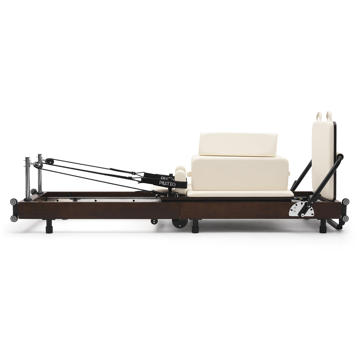 Foldable Pilates Reformer Flexi, dark wood, milky white upholstery – side view with sitting box