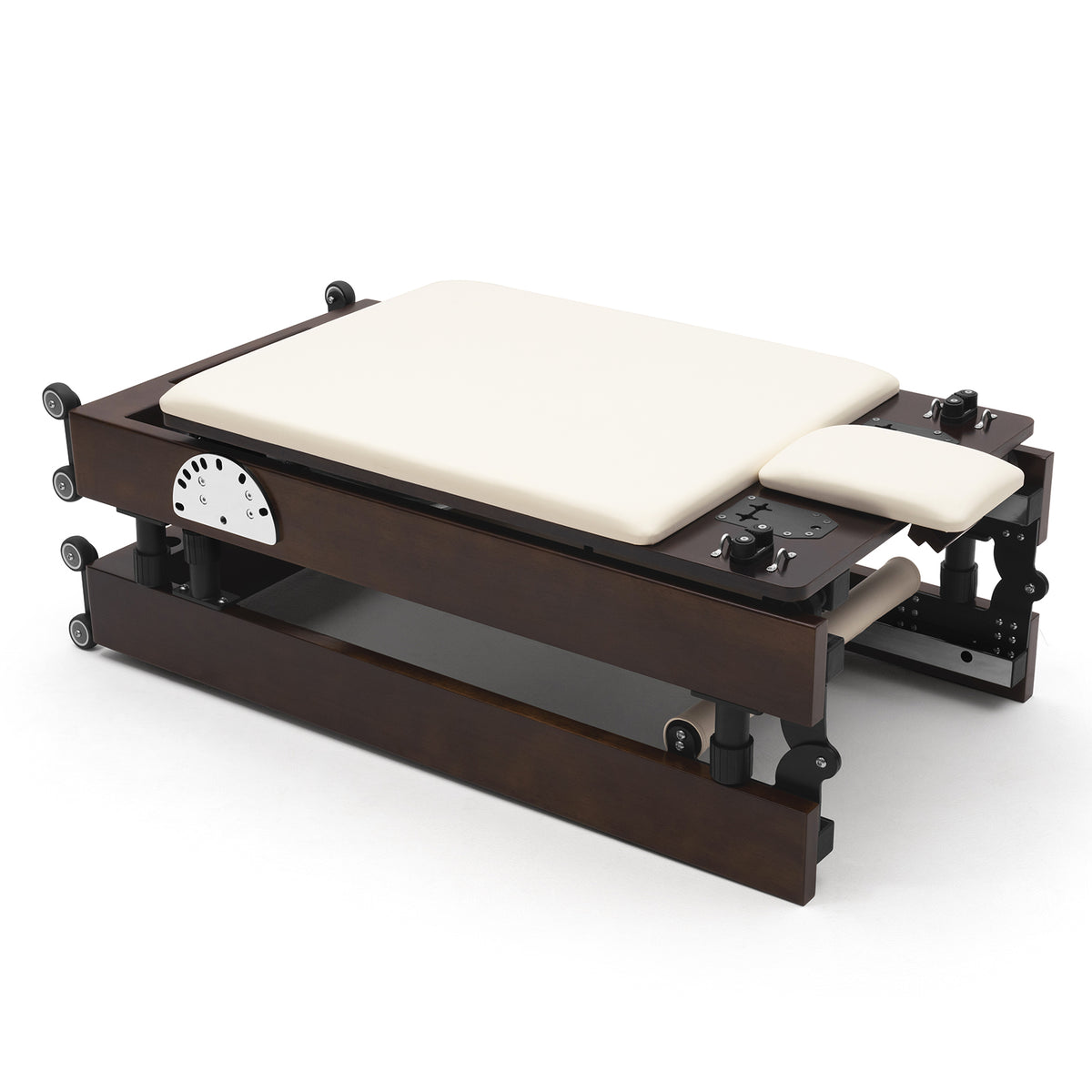 Foldable Pilates Reformer Flexi, dark wood, milky white upholstery – folded