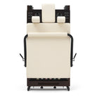 Foldable Pilates Reformer Flexi, dark wood, milky white upholstery – folded and stored upright