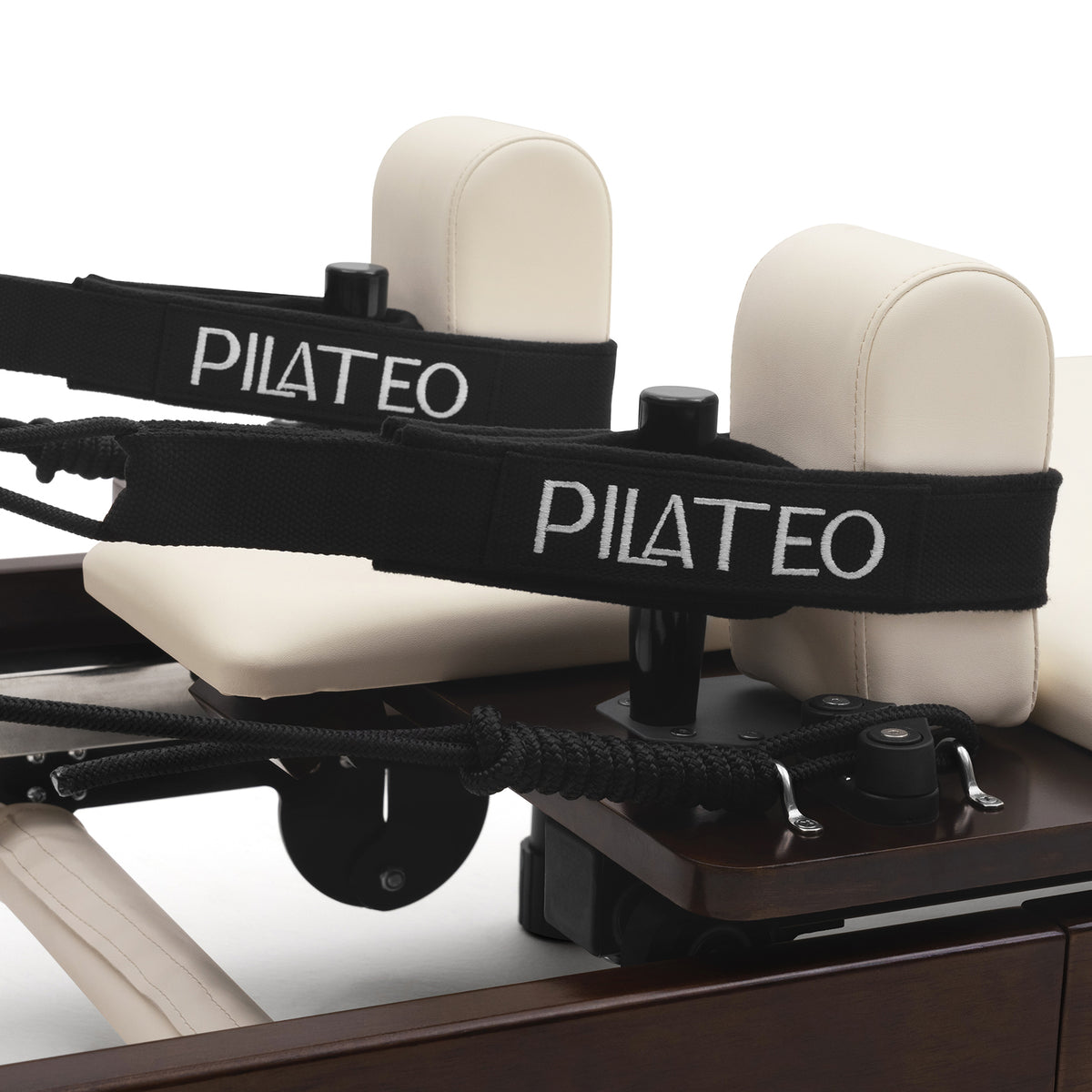 Foldable Pilates Reformer Flexi, dark wood, milky white upholstery – shoulder rests and straps