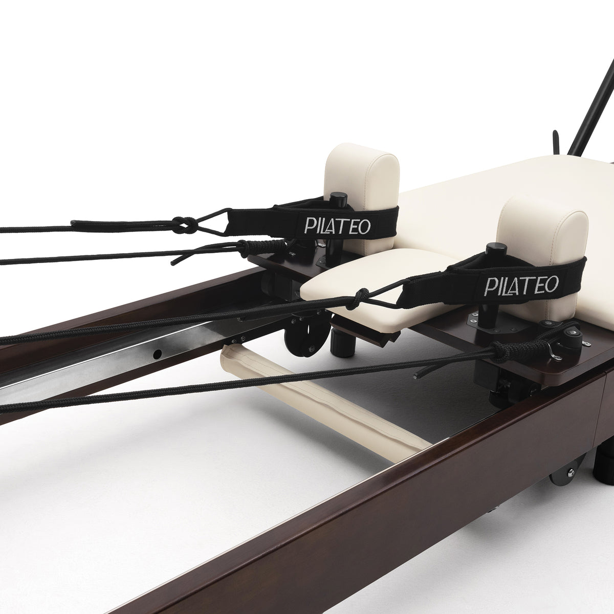 Foldable Pilates Reformer Flexi, dark wood, milky white upholstery – carriage with shoulder rests