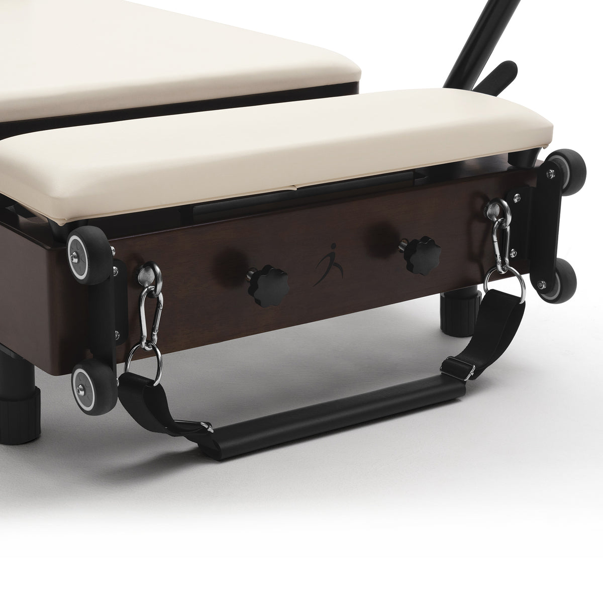 Foldable Pilates Reformer Flexi, dark wood, milky white upholstery – handles and wheels