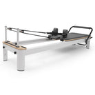 Pilates reformer aluminum gray blue, pulley end view