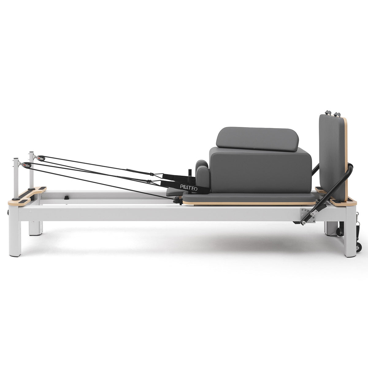 Pilates reformer aluminum gray blue, side view with sitting box