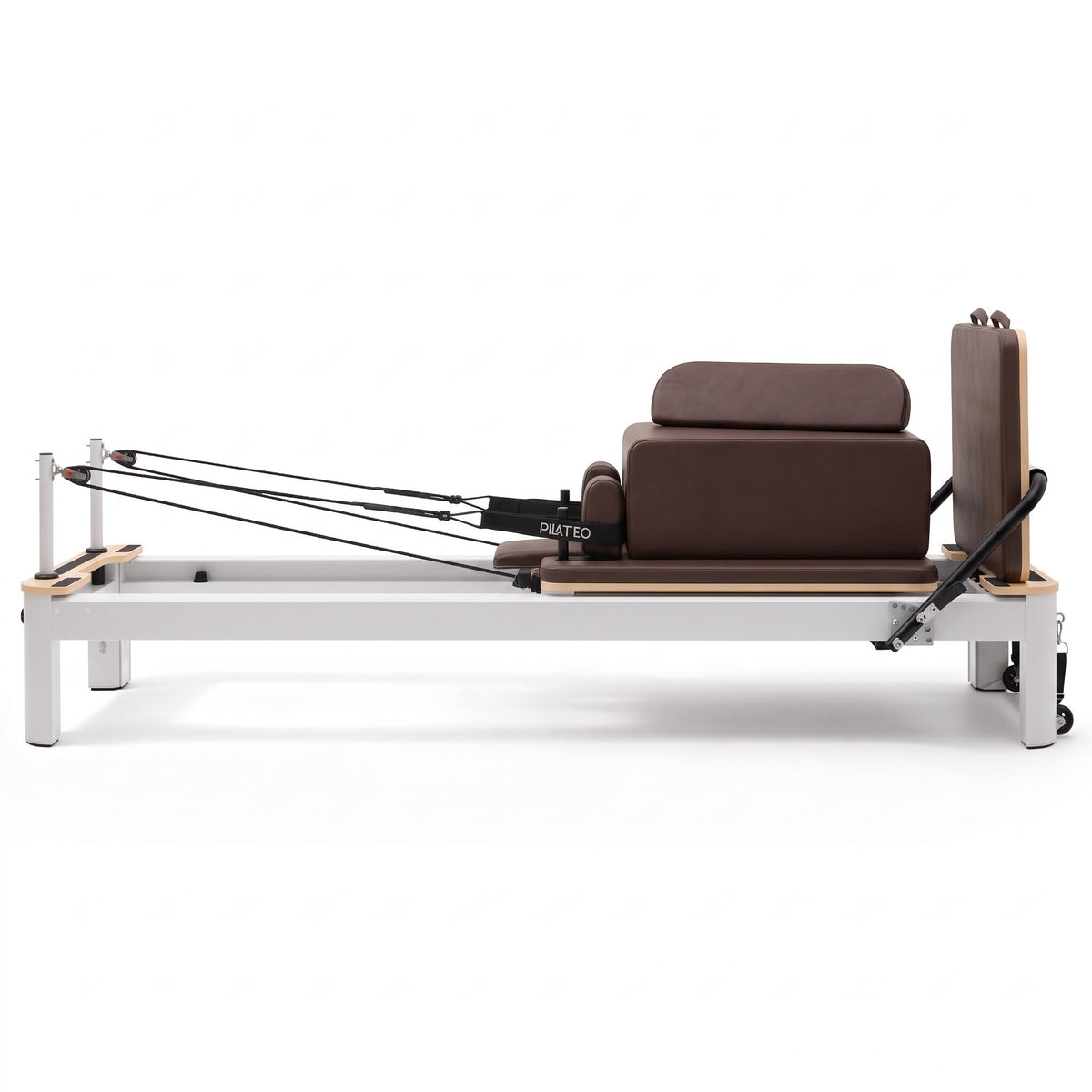 Pilates reformer aluminum mocha, side view with sitting box