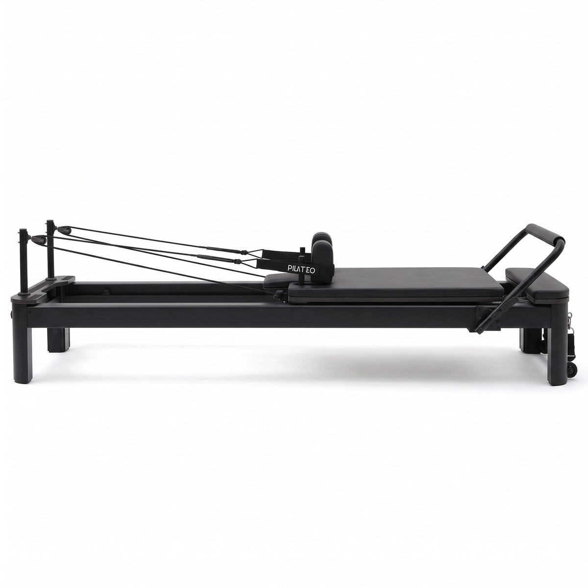 Pilates reformer aluminum total black, side view, footbar raised