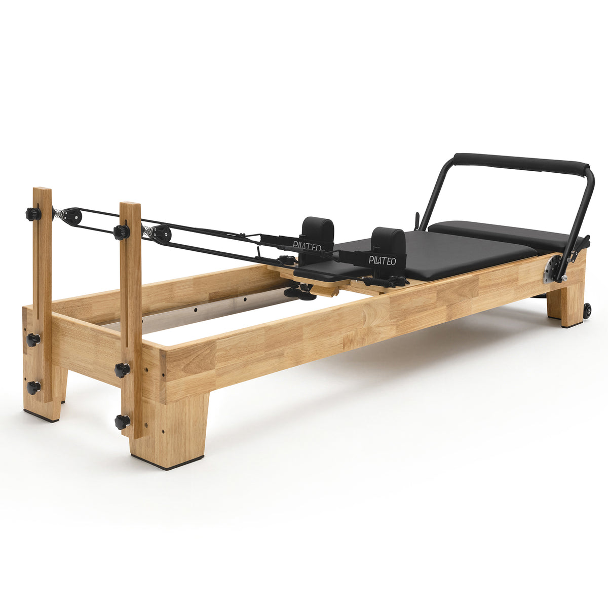 Pilates Reformer Classic Studio, oak wood frame and black upholstery – 3/4 view