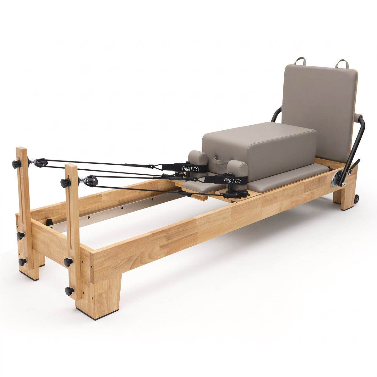 Pilates Reformer Classic Studio, stone grey upholstery – with sitting box and jumpboard