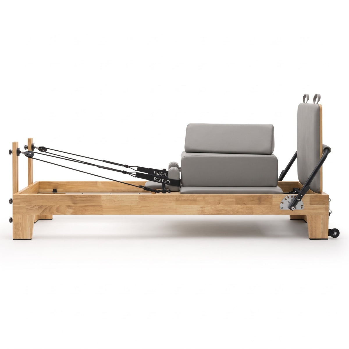 Pilates Reformer Classic Studio, stone grey upholstery – side view with sitting box