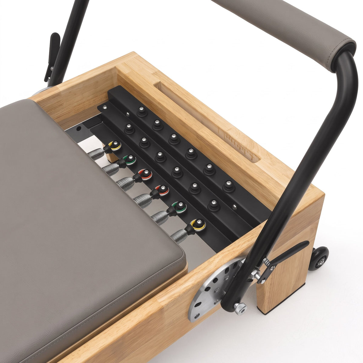 Pilates Reformer Classic Studio, stone grey upholstery – springs and adjustable footbar