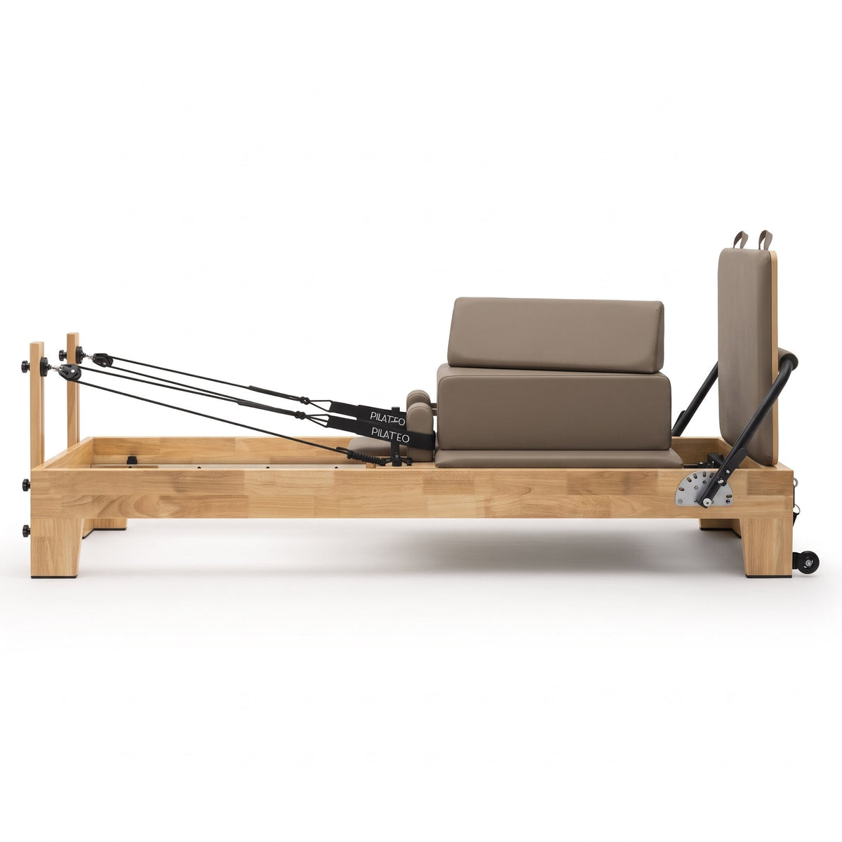 Pilates Reformer Classic Studio, taupe upholstery – side view with sitting box