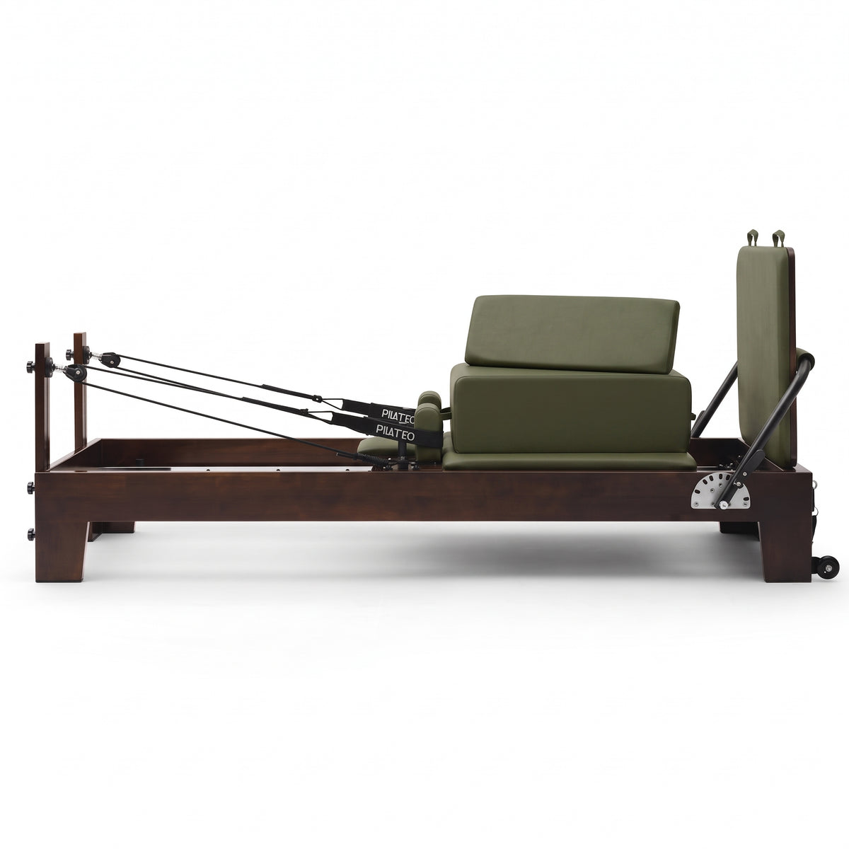 Pilates Reformer Studio Prestige, olive upholstery – side view with sitting box